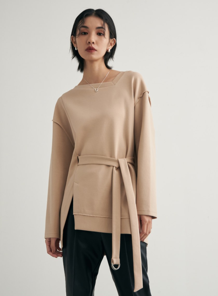 不規則剪裁腰帶長版衛衣